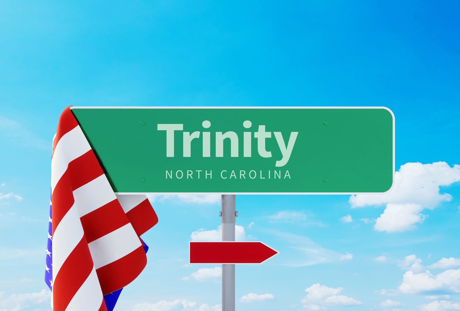 Trinity – North Carolina. Road or Town Sign. Flag of the united states. Blue Sky. Red arrow shows the direction in the city. 3d rendering Trinity, North Carolina road sign